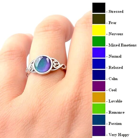 Mood Ring Color Changing Silver celtic Heart Filigree Y2K Retro Boho Fun Trendy - Picture 2 of 3